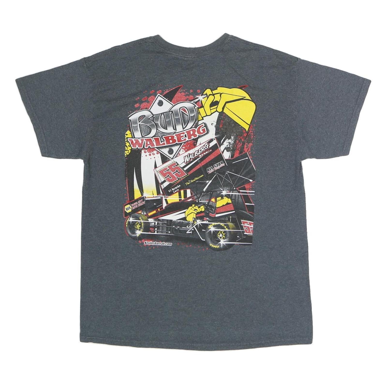 GILDAN Mens Grey Bud Walberg 55 Graphic T-Shirt L Short Sleeve Crew Neck Racing