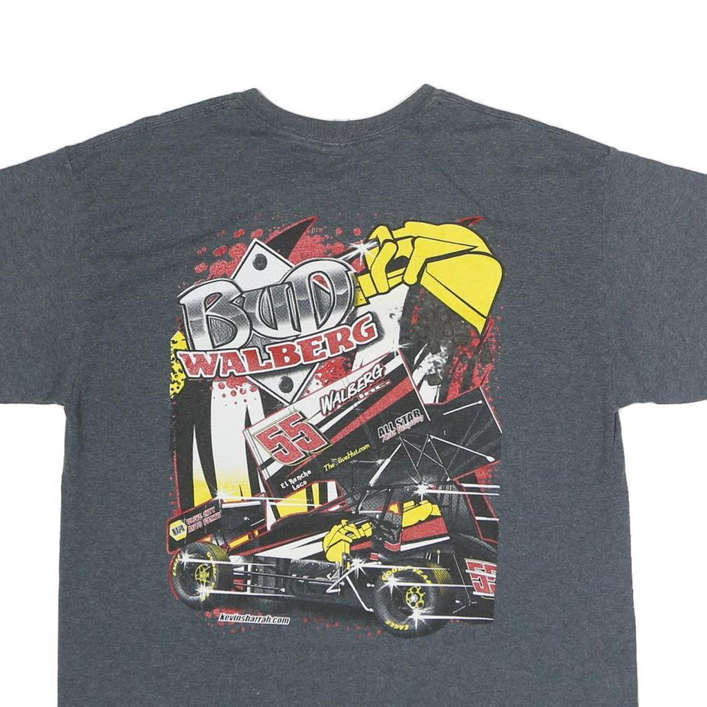GILDAN Mens Grey Bud Walberg 55 Graphic T-Shirt L Short Sleeve Crew Neck Racing