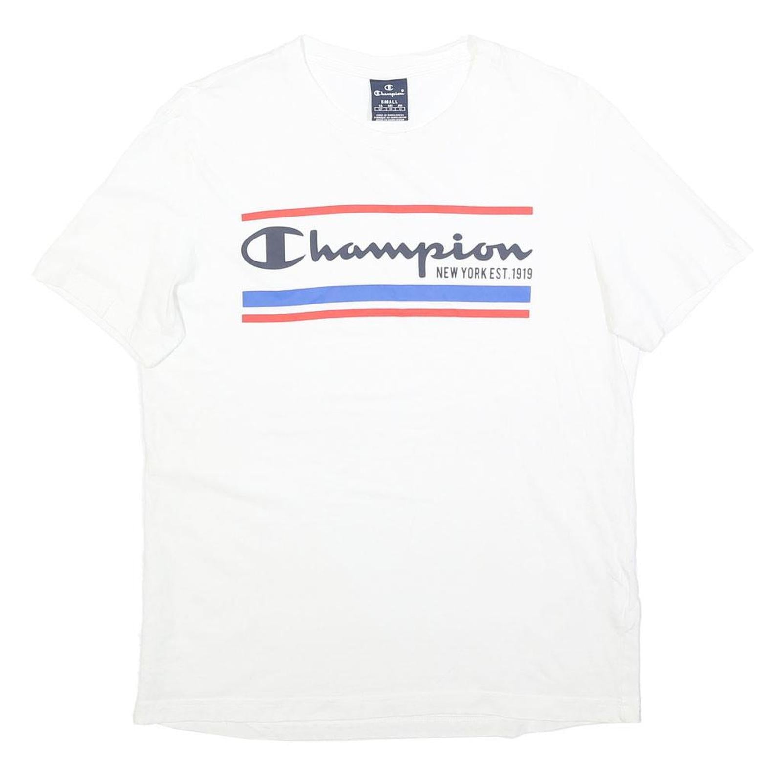 CHAMPION Mens White Graphic T-Shirt S Short Sleeve Crew Neck Cotton Casual