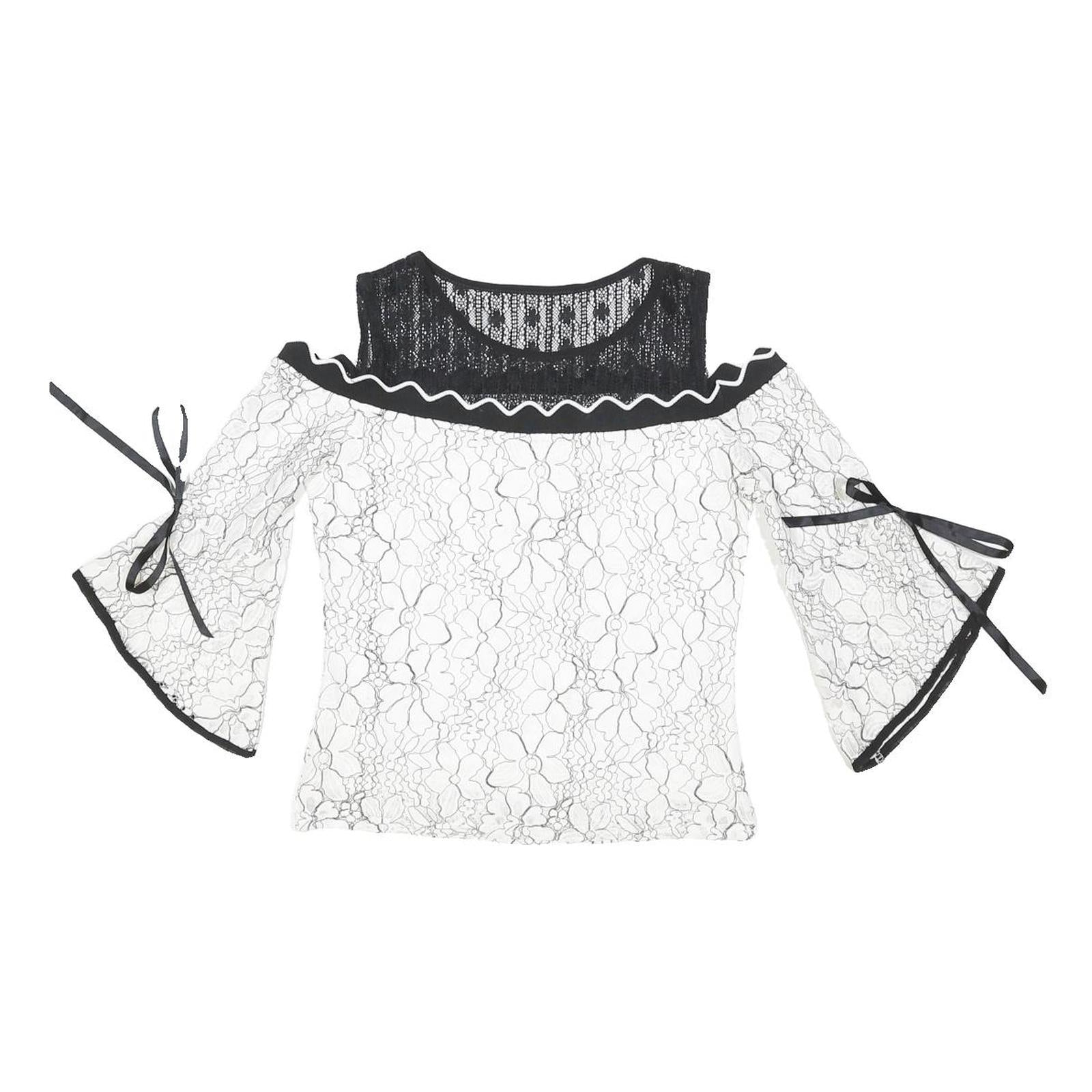 HEART JDE Womens Black & White Lace Off Shoulder Top 3/4 Sleeve Round Neck L