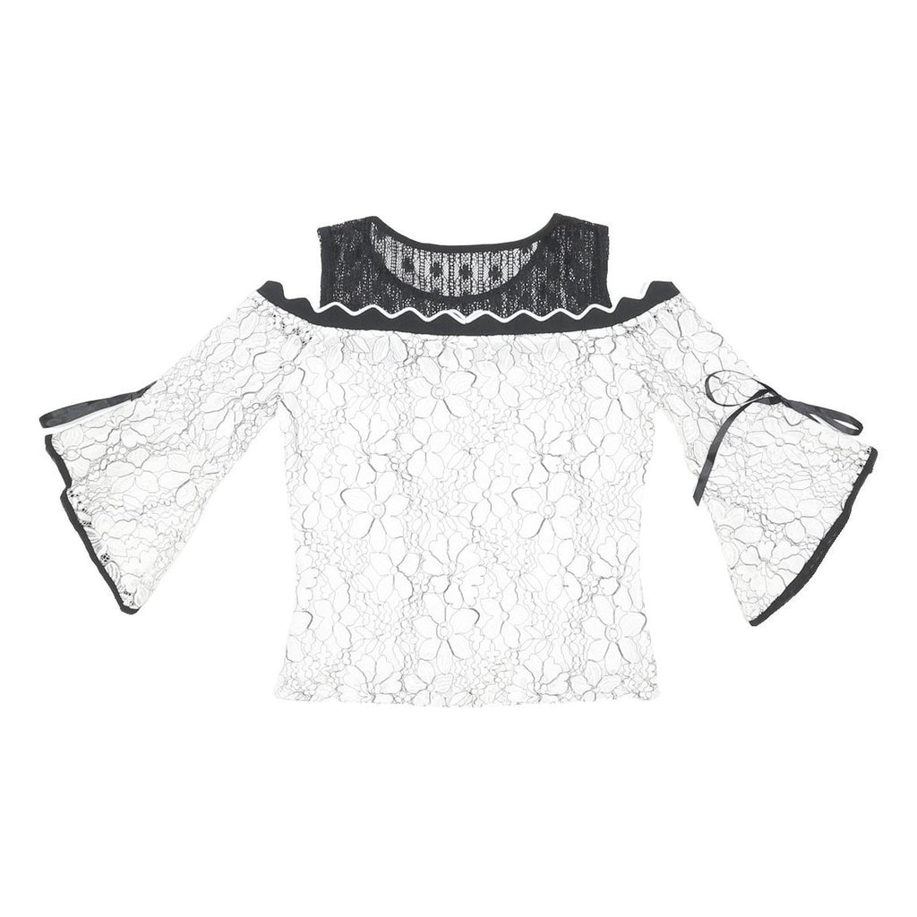 HEART JDE Womens Black & White Lace Off Shoulder Top 3/4 Sleeve Round Neck L