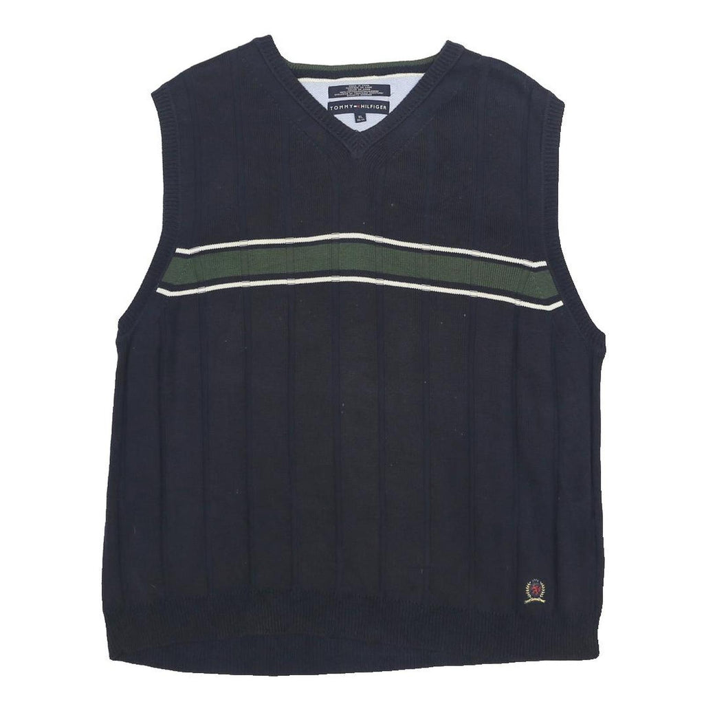 TOMMY HILFIGER Mens Navy & Green Patterned Cotton Jumper V-Neck Basic Knit XL