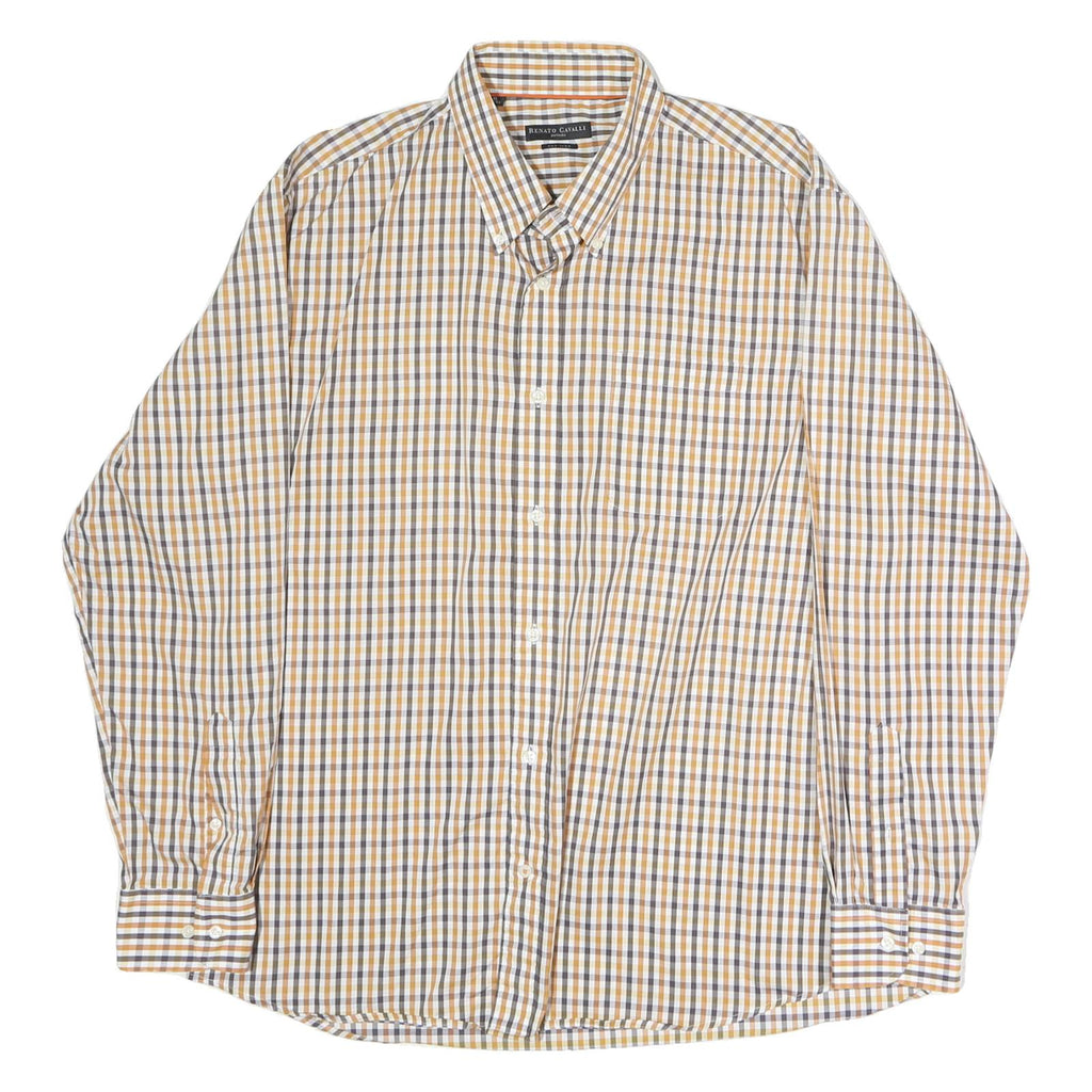 RENATO CAVALI Mens Beige Check Shirt XL Cotton Long Sleeve Button Collar