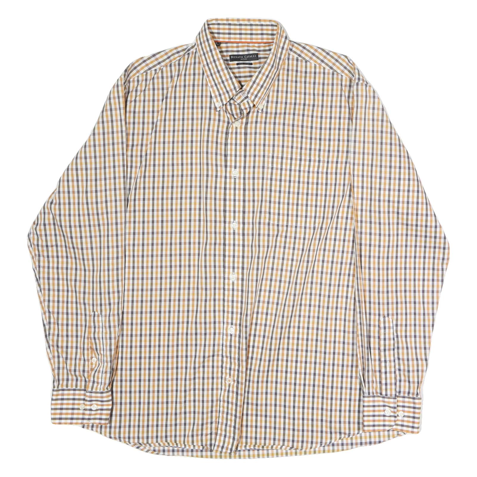 RENATO CAVALI Mens Beige Check Shirt XL Cotton Long Sleeve Button Collar