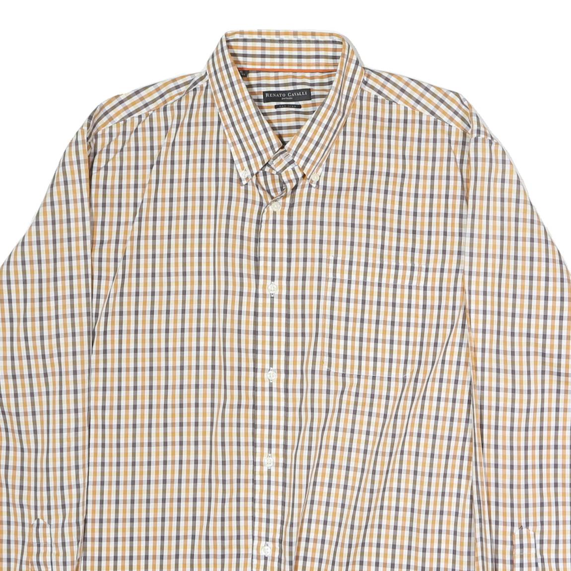 RENATO CAVALI Mens Beige Check Shirt XL Cotton Long Sleeve Button Collar