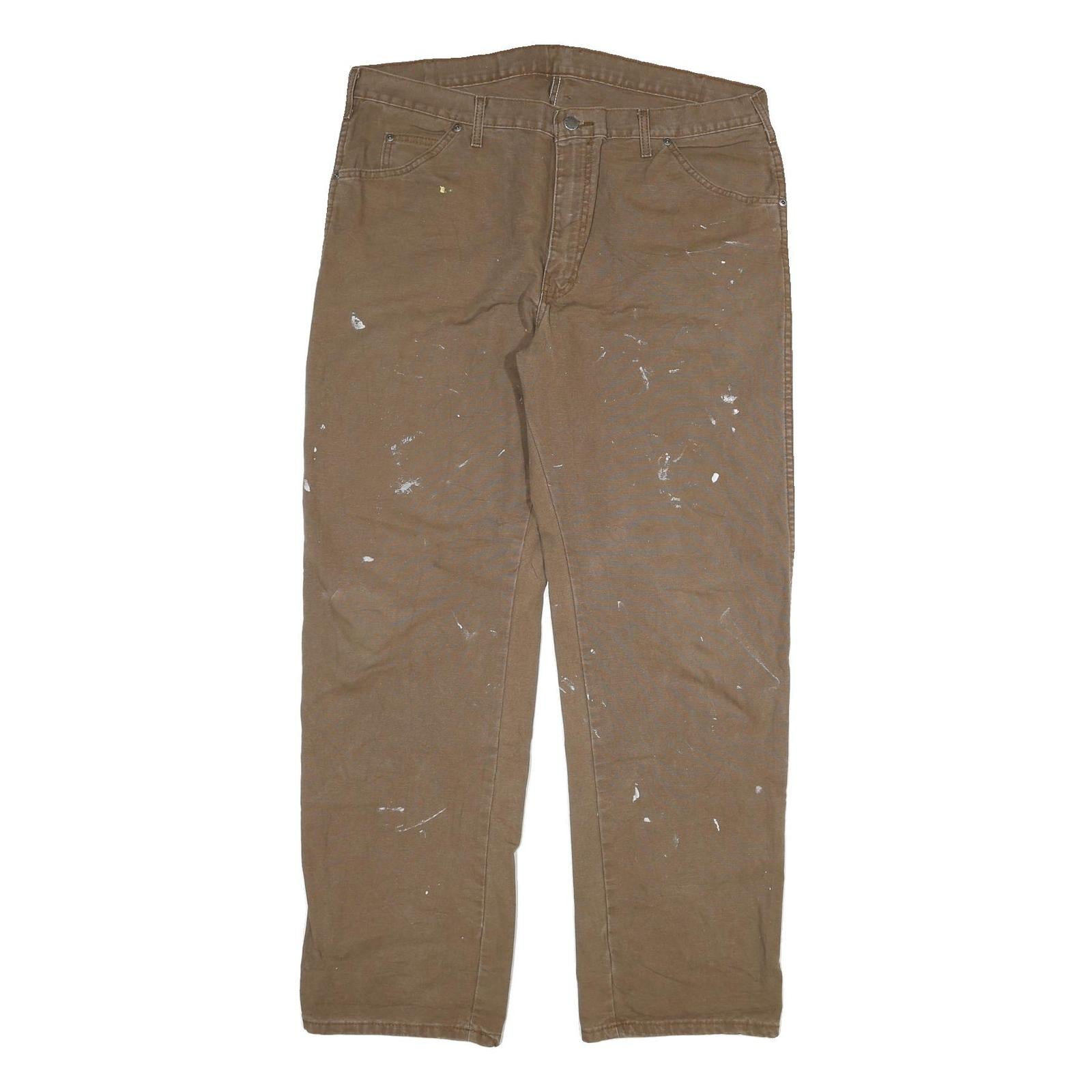 DICKIES Mens Cotton Blend Brown Regular Straight Trousers W38 L32 Workwear