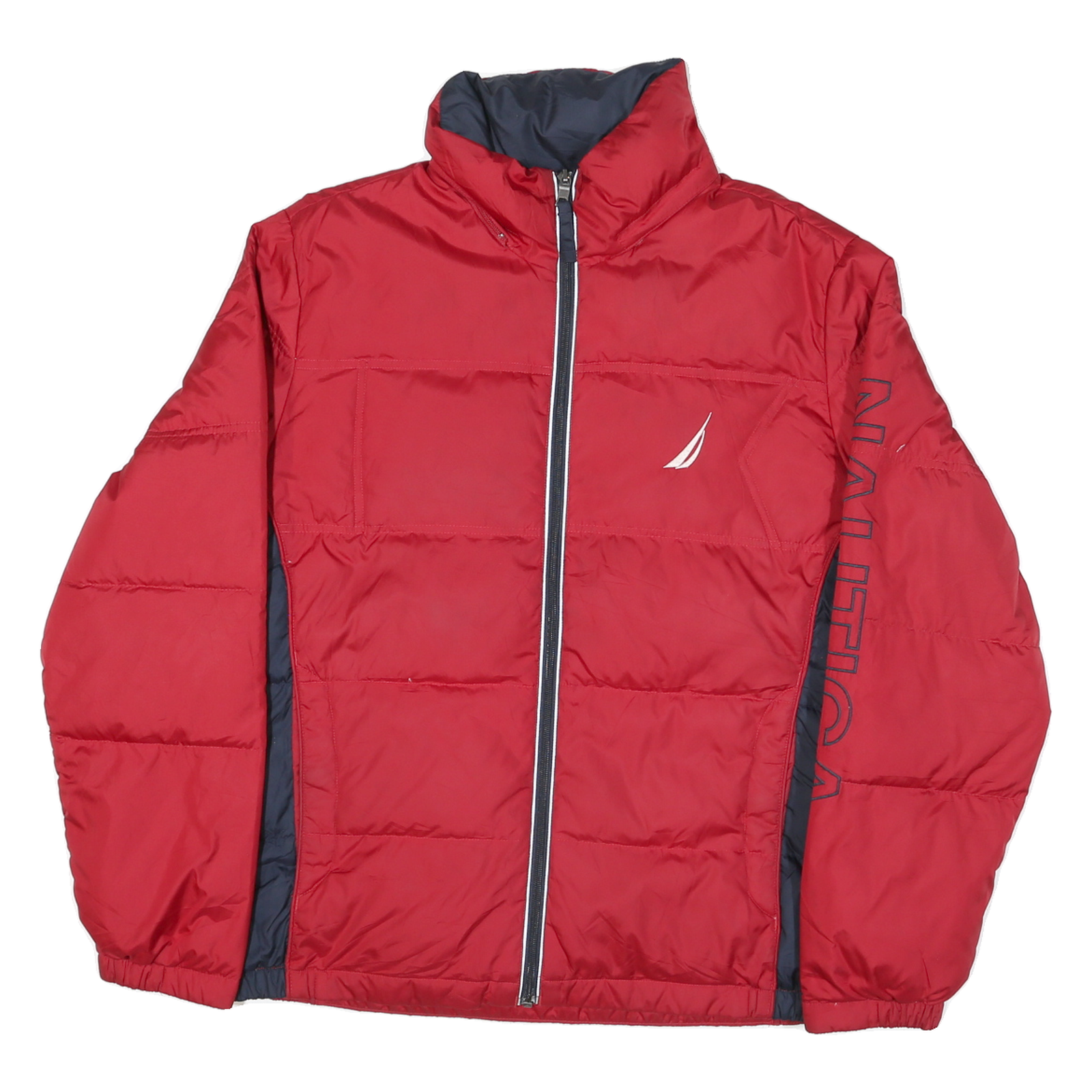 NAUTICA Mens Red & Navy Logo Zip Jacket M Polyester Blend Puffer Warm Casual