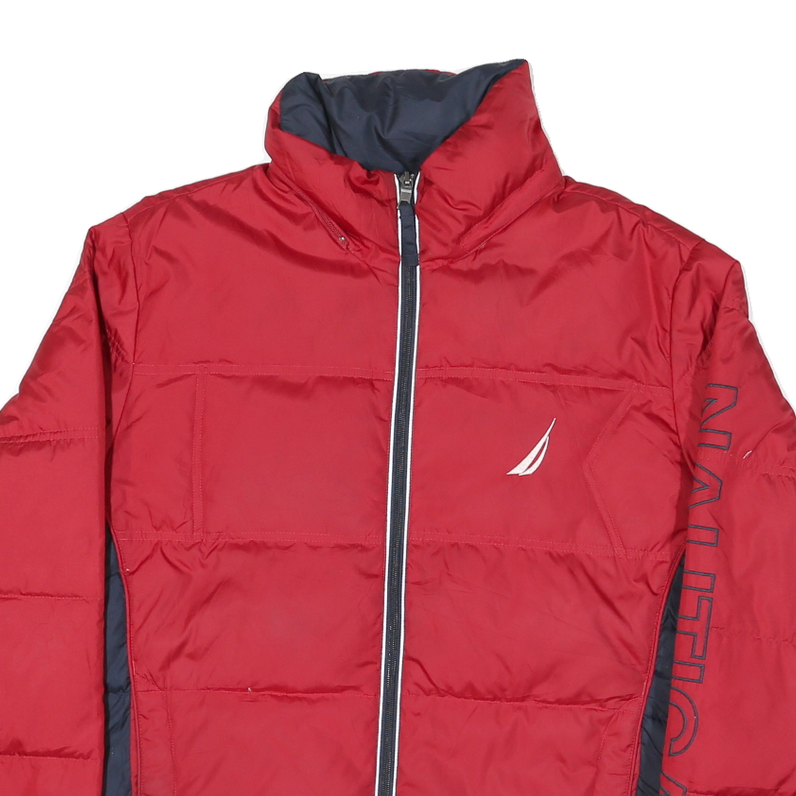 NAUTICA Mens Red & Navy Logo Zip Jacket M Polyester Blend Puffer Warm Casual