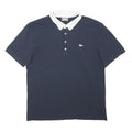LACOSTE Mens Navy Blue White Collar Short Sleeve Plain M Cotton Polo Shirt