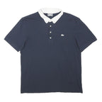 LACOSTE Mens Navy Blue White Collar Short Sleeve Plain M Cotton Polo Shirt