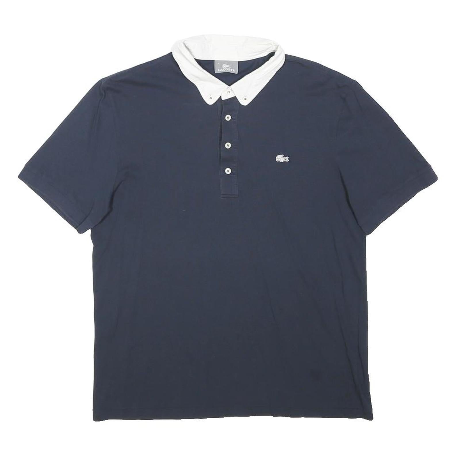 LACOSTE Mens Navy Blue White Collar Short Sleeve Plain M Cotton Polo Shirt