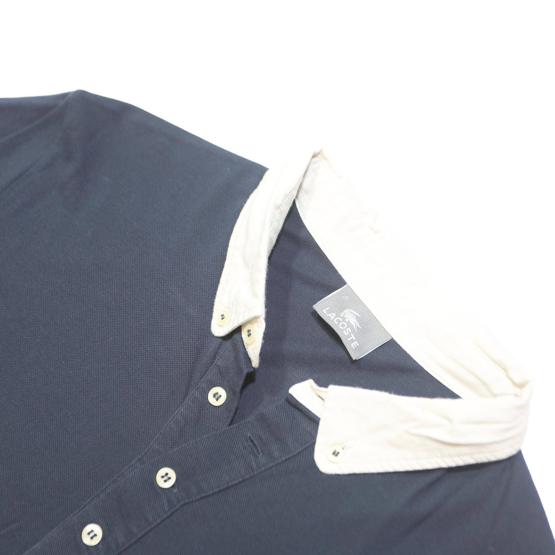 LACOSTE Mens Navy Blue White Collar Short Sleeve Plain M Cotton Polo Shirt