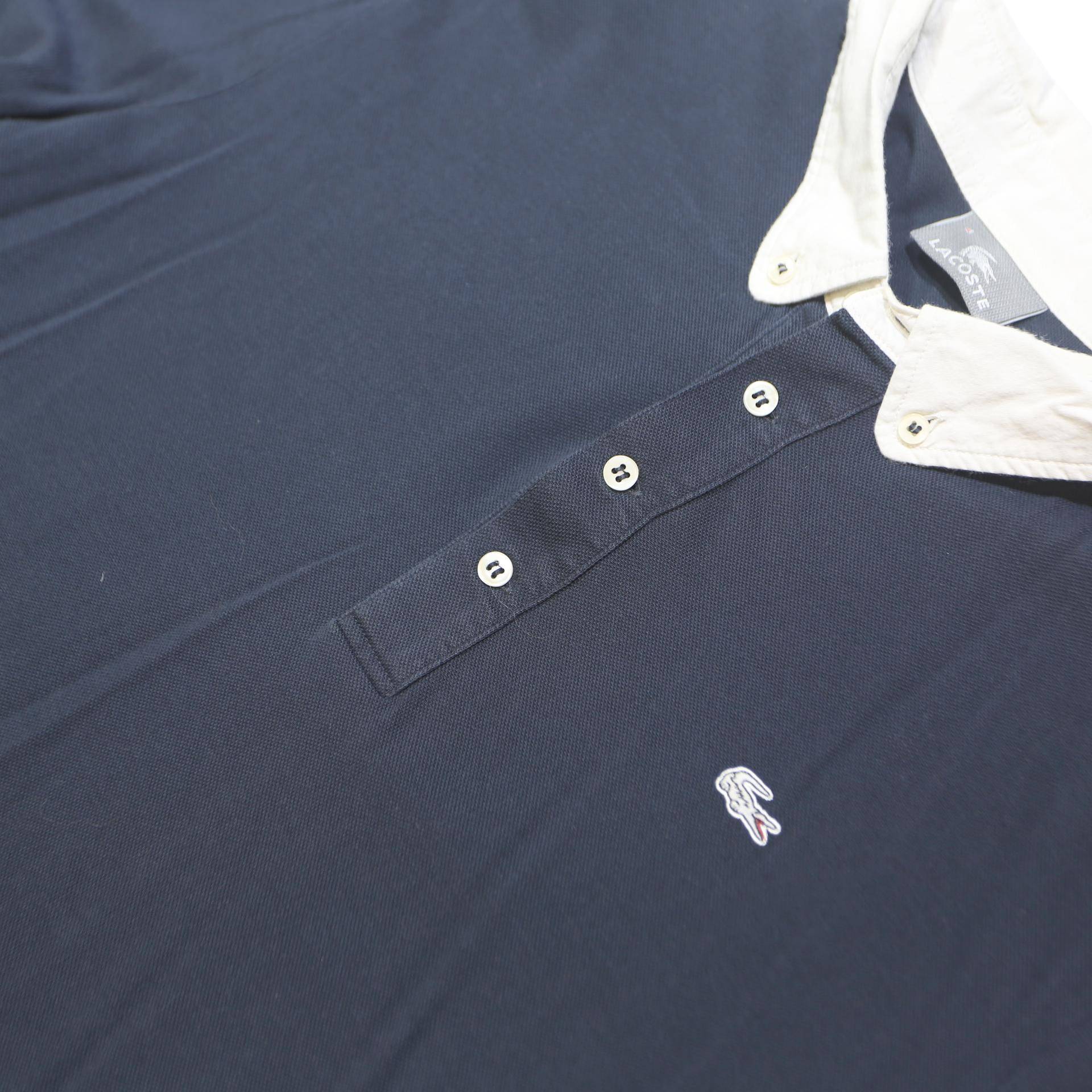 LACOSTE Mens Navy Blue White Collar Short Sleeve Plain M Cotton Polo Shirt