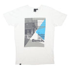 BENCH Womens White & Blue Graphic Print T-Shirt S Short Sleeve Crew Neck Cotton