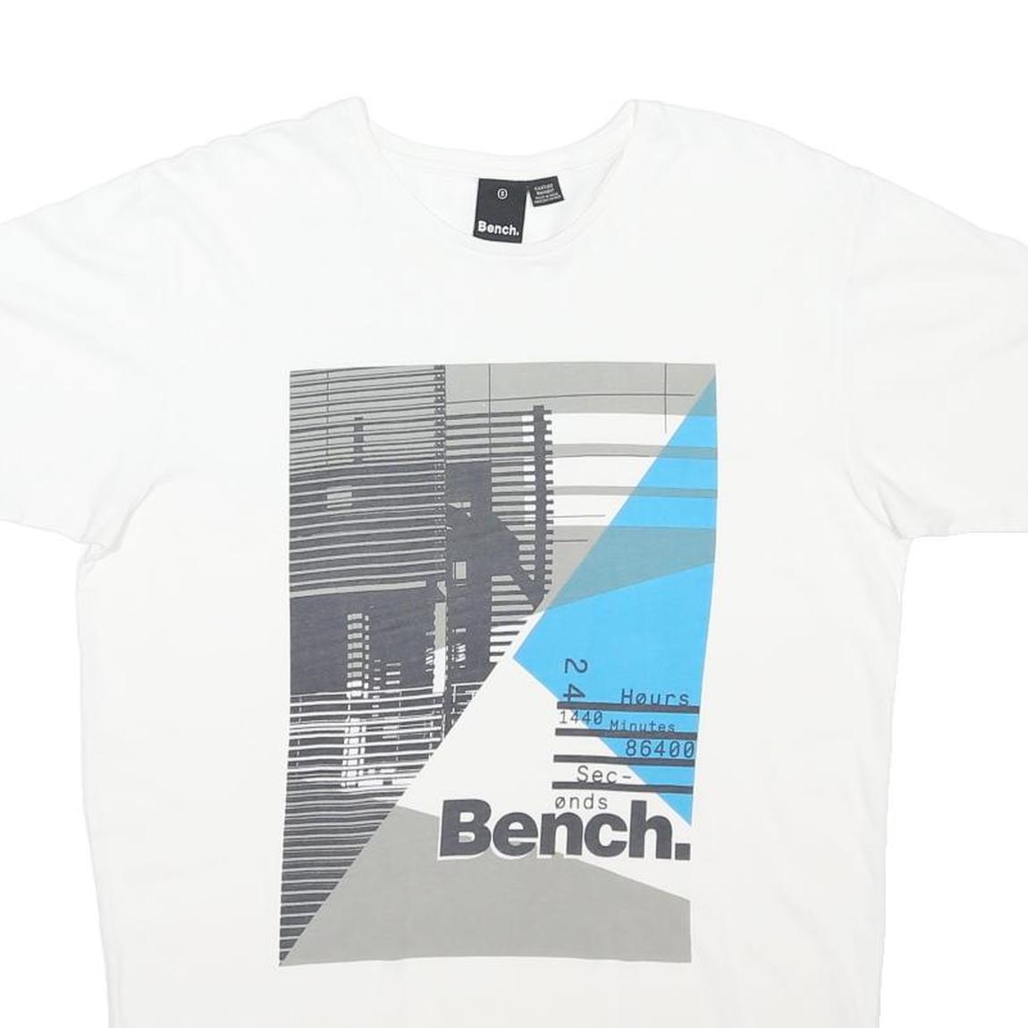 BENCH Womens White & Blue Graphic Print T-Shirt S Short Sleeve Crew Neck Cotton