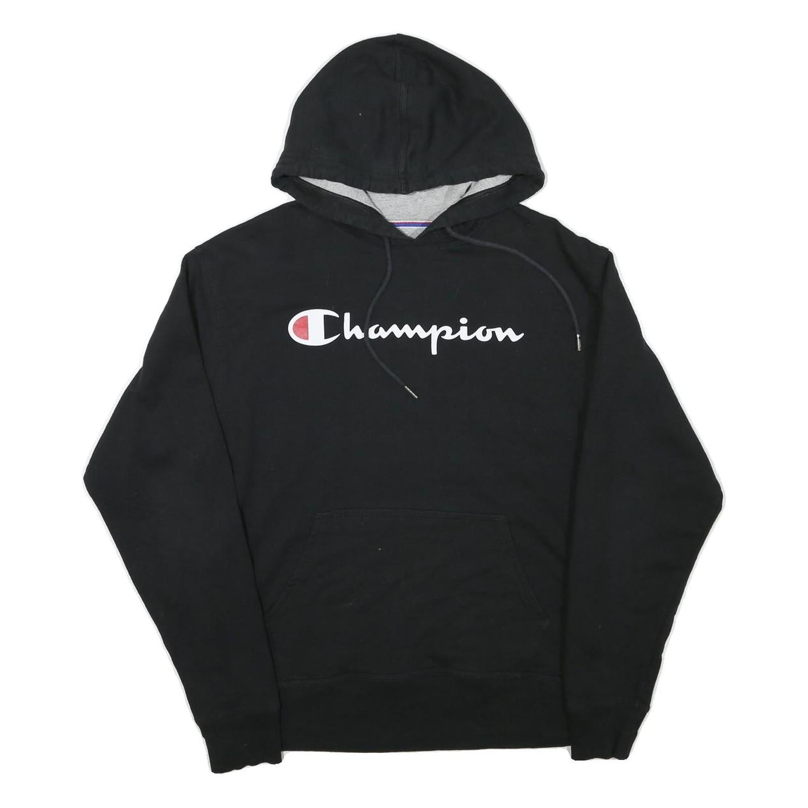 CHAMPION Mens Black Hoodie M Cotton Blend Pullover Logo Print Casual Wear