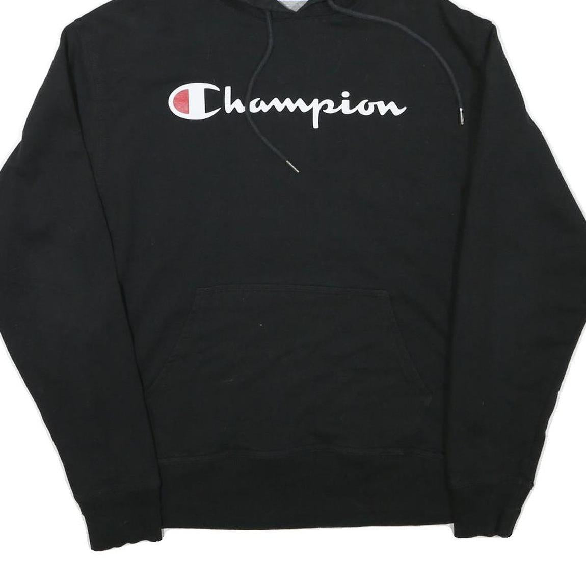 CHAMPION Mens Black Hoodie M Cotton Blend Pullover Logo Print Casual Wear
