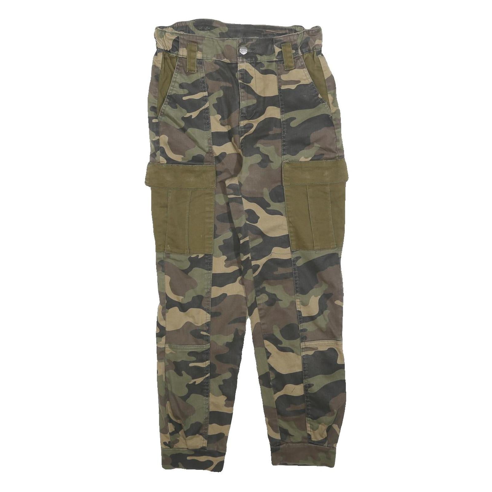 BERSHKA Womens Green Camouflage Slim Cargo Trousers W26 L26 Cotton Blend Zip