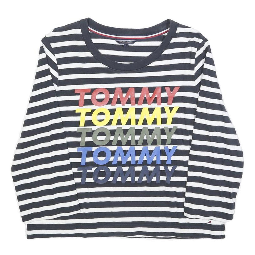 TOMMY HILFIGER Womens Black & White Striped Crew Neck S Sweatshirt Logo Print