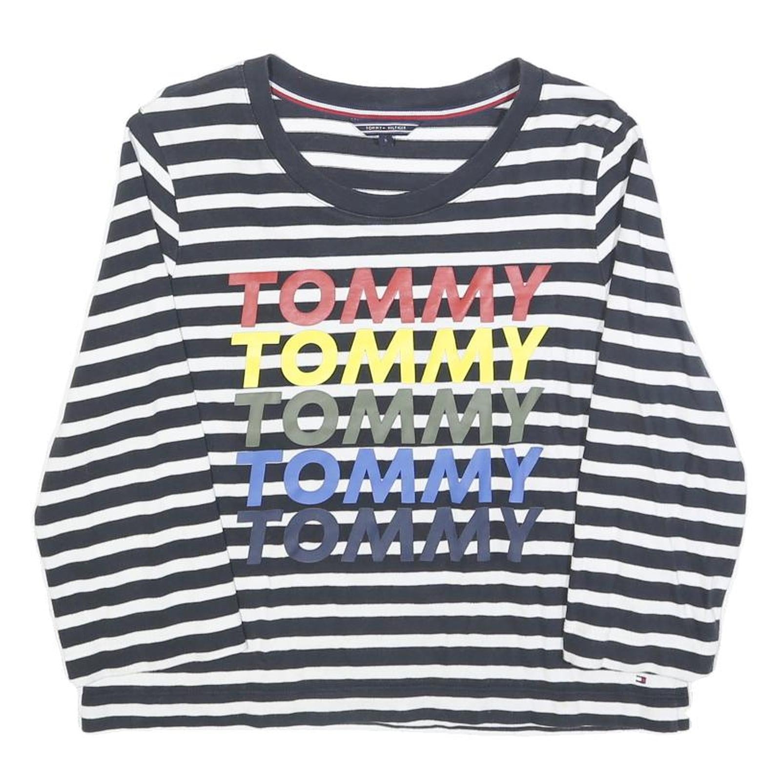 TOMMY HILFIGER Womens Black & White Striped Crew Neck S Sweatshirt Logo Print