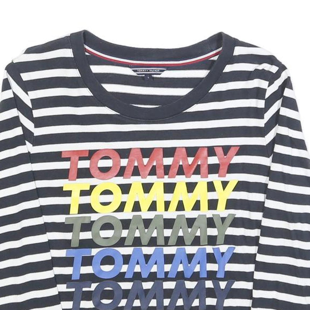 TOMMY HILFIGER Womens Black & White Striped Crew Neck S Sweatshirt Logo Print