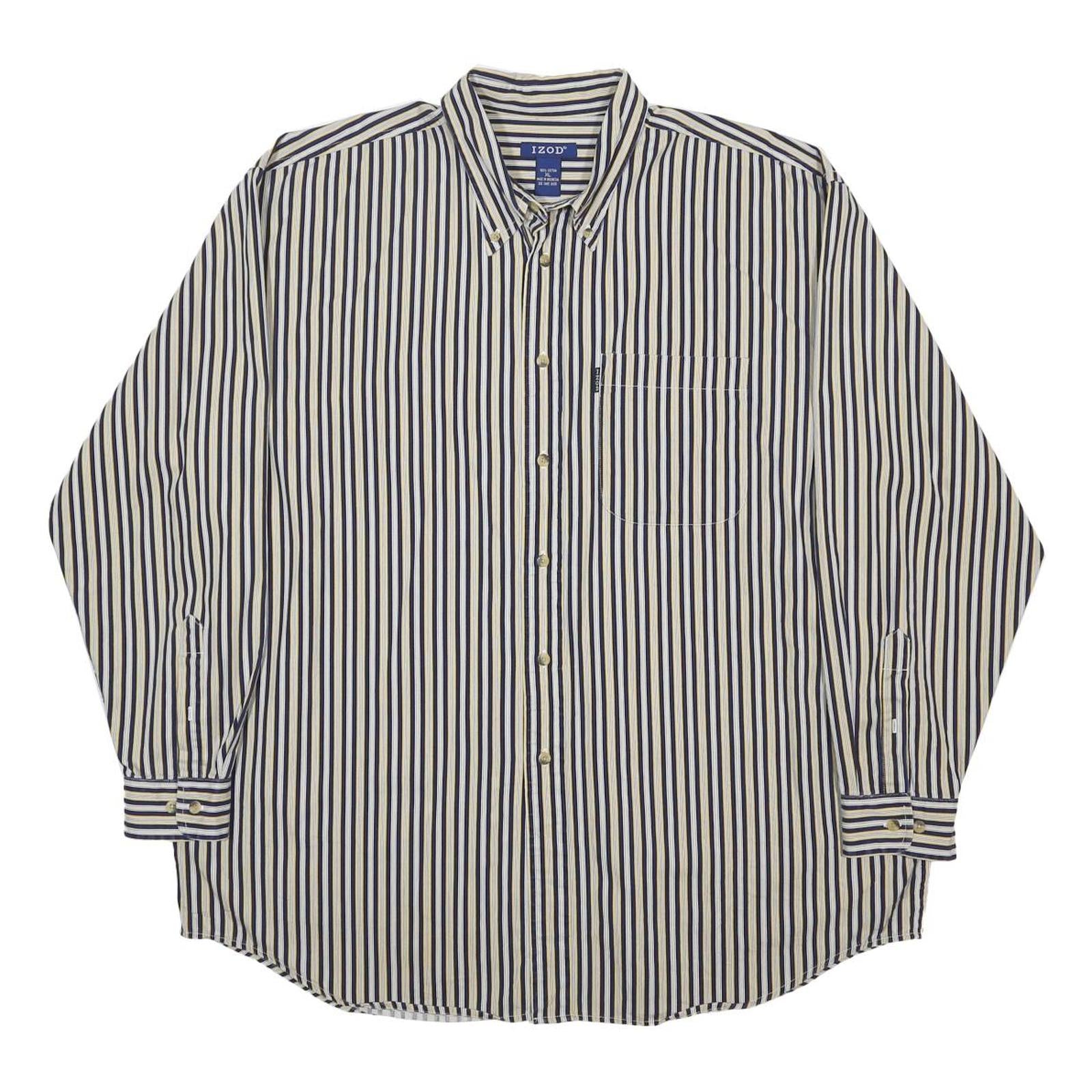 IZOD Mens Blue & Cream Striped Button Down Shirt XL Cotton Classic Fit Long