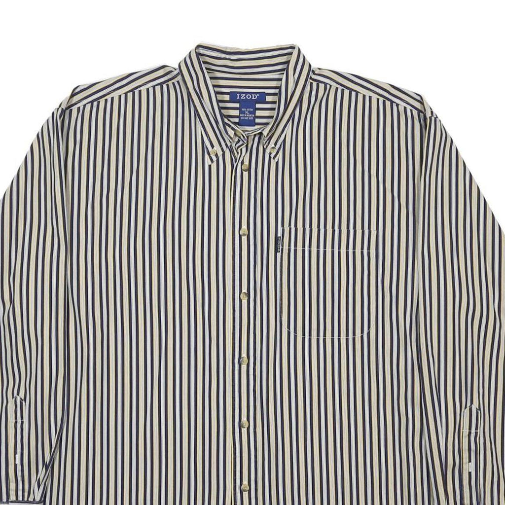 IZOD Mens Blue & Cream Striped Button Down Shirt XL Cotton Classic Fit Long