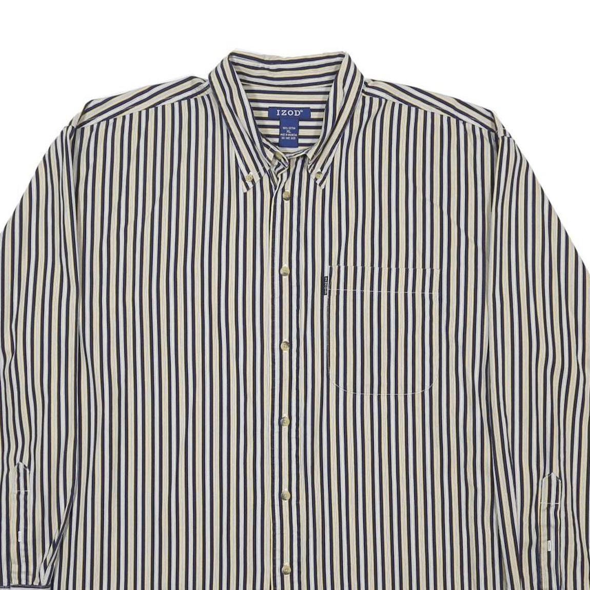 IZOD Mens Blue & Cream Striped Button Down Shirt XL Cotton Classic Fit Long