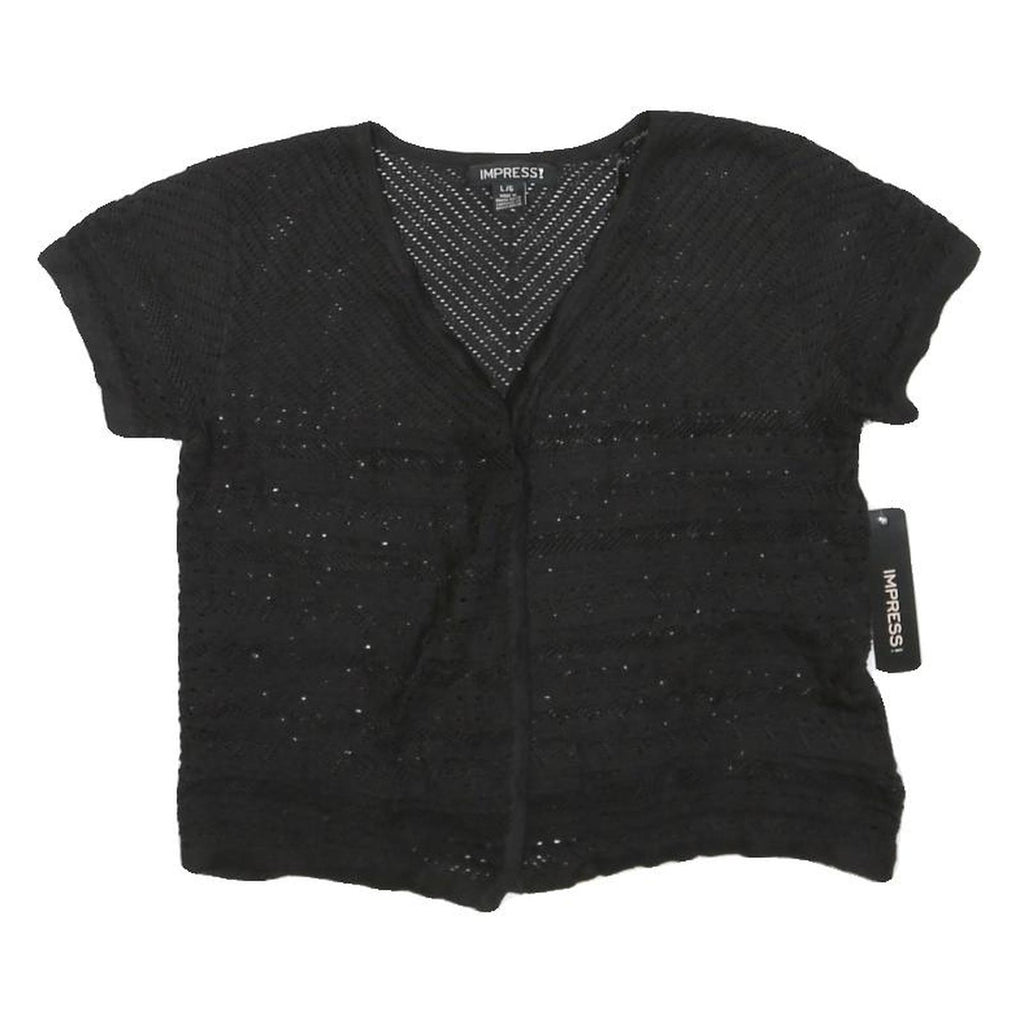 IMPRESS Womens Black Crochet Top Short Sleeve V-Neck L Lightweight Summer