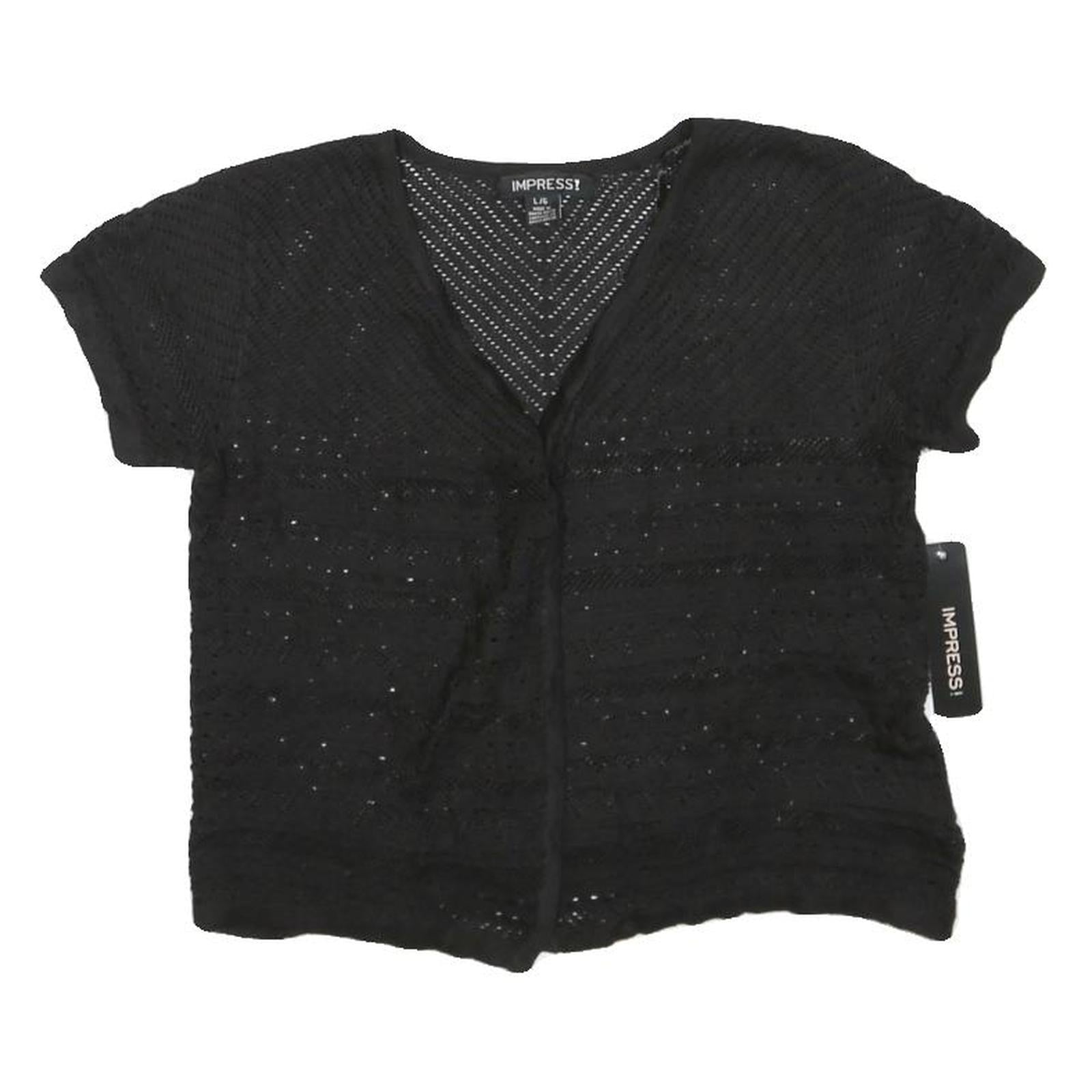 IMPRESS Womens Black Crochet Top Short Sleeve V-Neck L Lightweight Summer