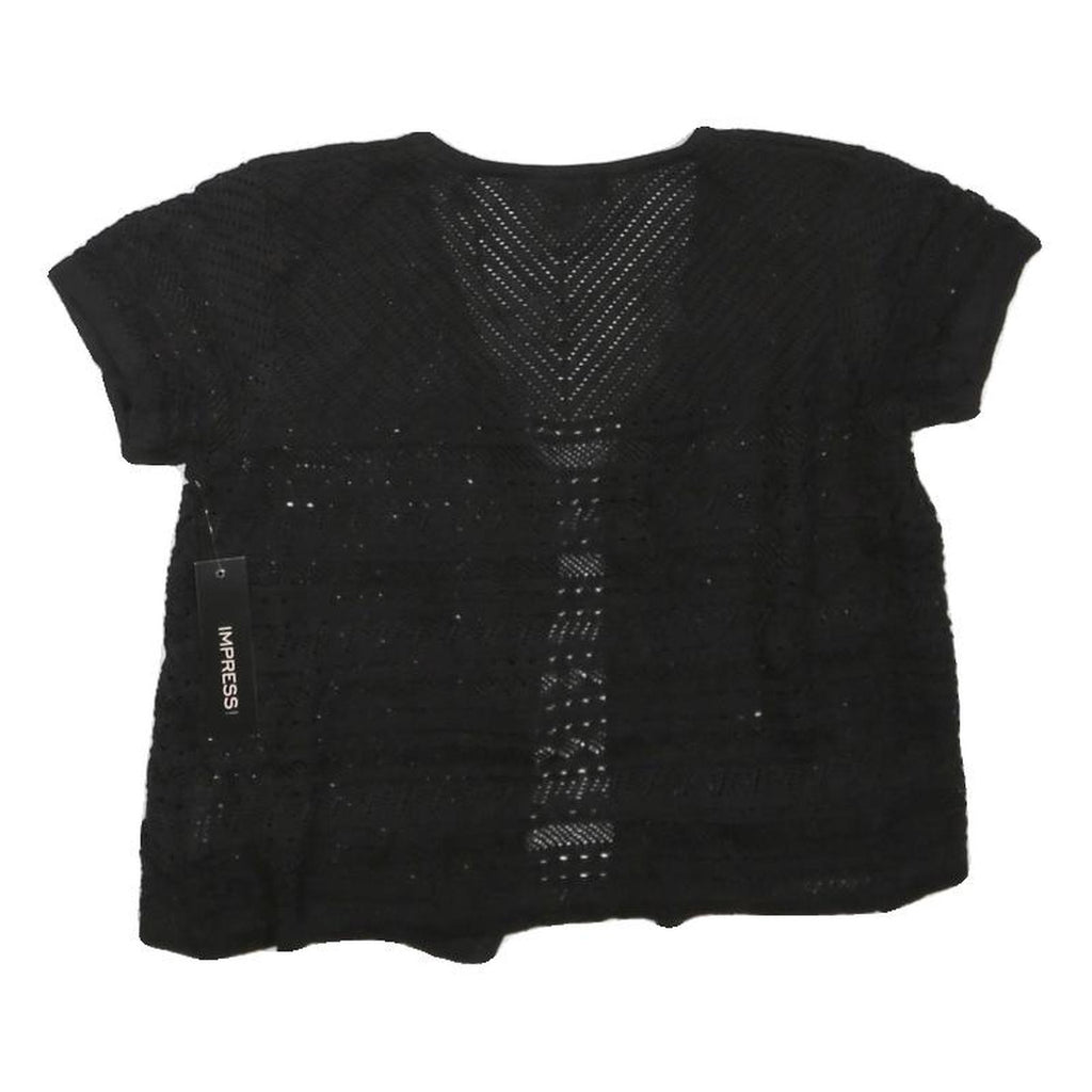 IMPRESS Womens Black Crochet Top Short Sleeve V-Neck L Lightweight Summer