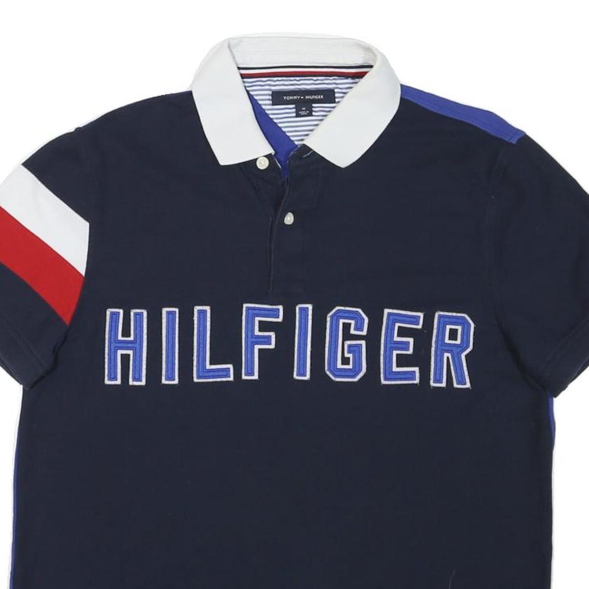 TOMMY HILFIGER Mens Navy Blue Red White Short Sleeve Polo Shirt M Hilfiger Logo