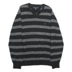 TOMMY HILFIGER Mens Black & Grey Patterned Cotton Jumper V-Neck Basic Knit L