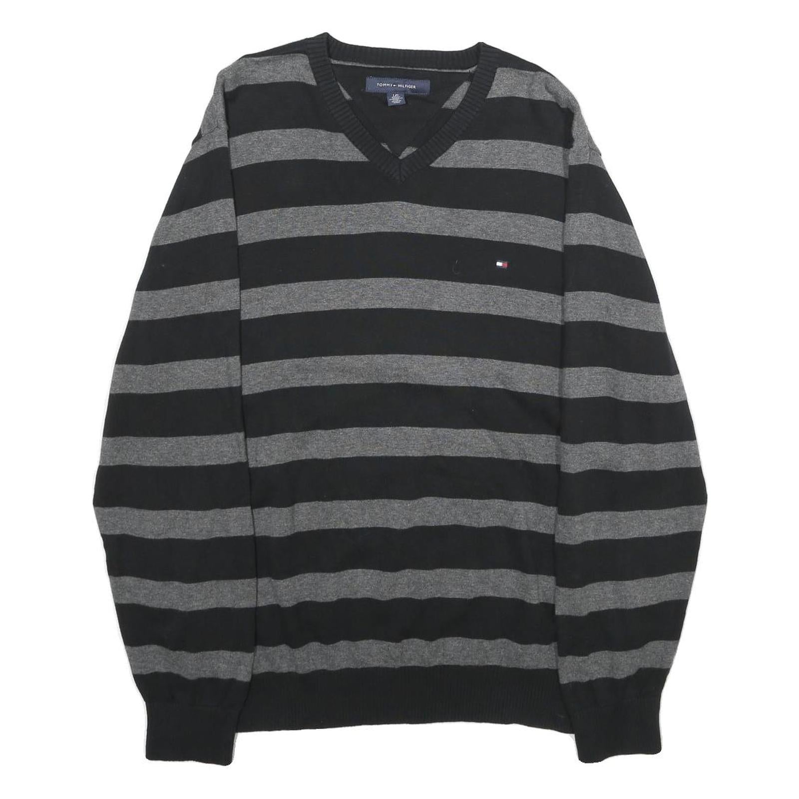 TOMMY HILFIGER Mens Black & Grey Patterned Cotton Jumper V-Neck Basic Knit L