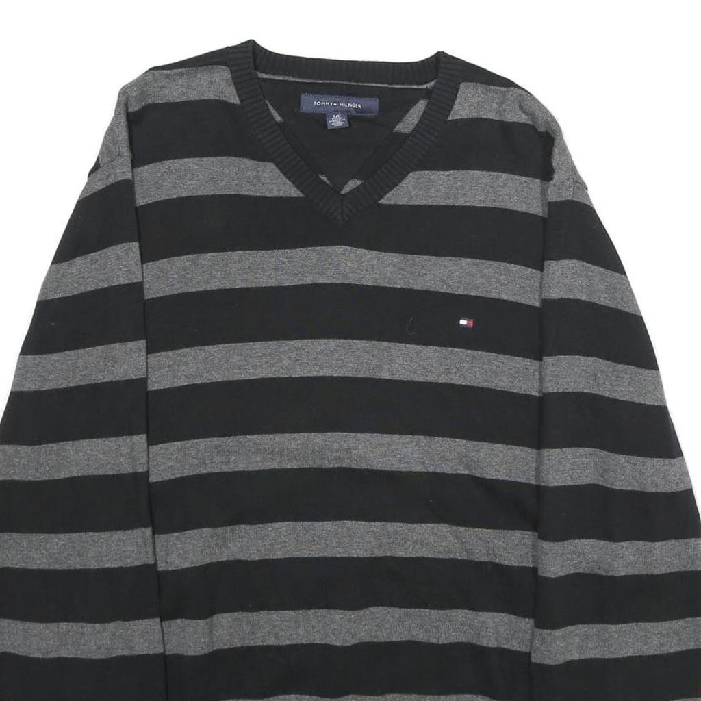 TOMMY HILFIGER Mens Black & Grey Patterned Cotton Jumper V-Neck Basic Knit L