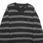 TOMMY HILFIGER Mens Black & Grey Patterned Cotton Jumper V-Neck Basic Knit L