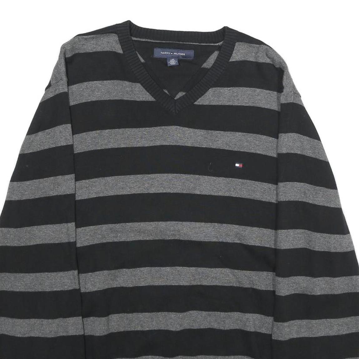 TOMMY HILFIGER Mens Black & Grey Patterned Cotton Jumper V-Neck Basic Knit L