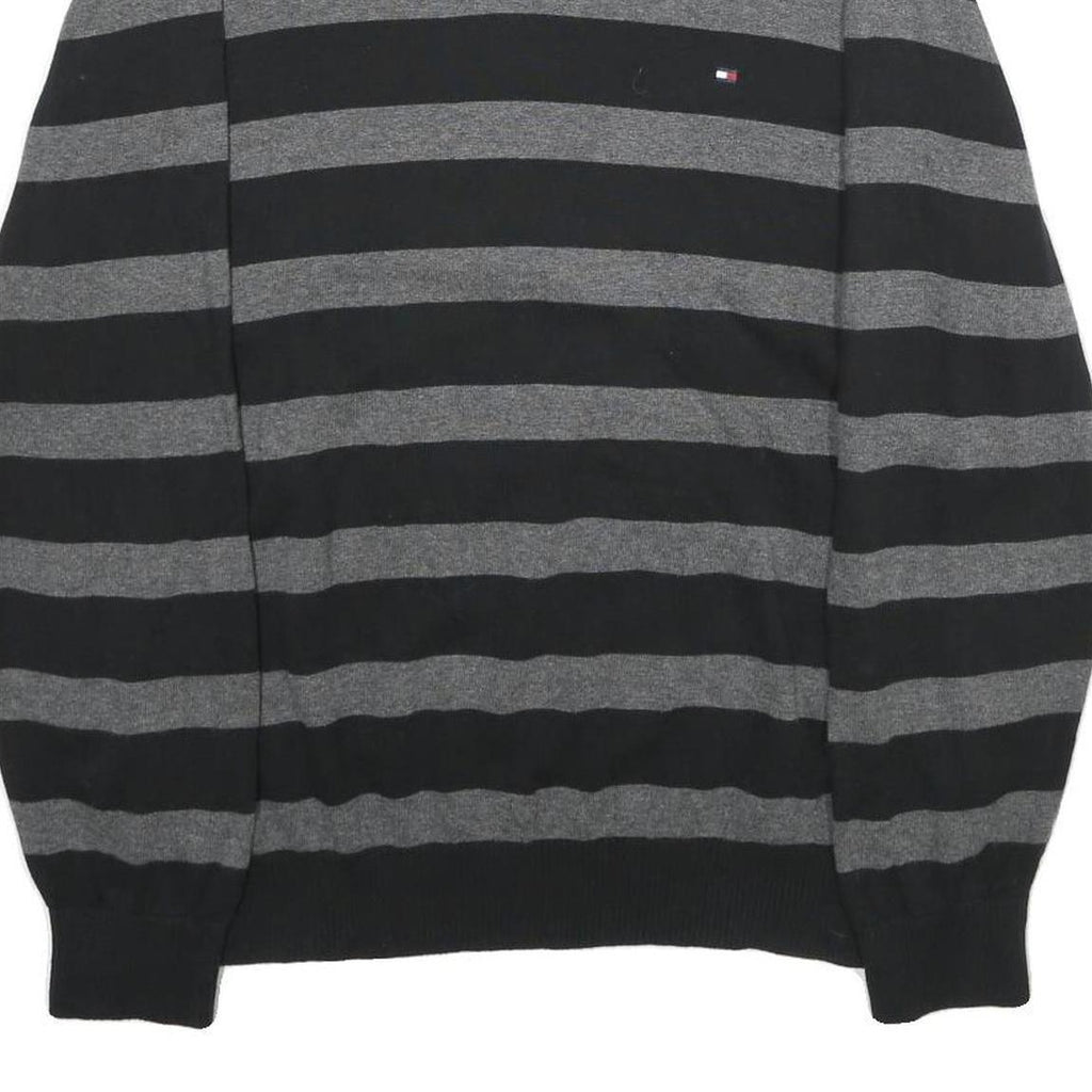 TOMMY HILFIGER Mens Black & Grey Patterned Cotton Jumper V-Neck Basic Knit L