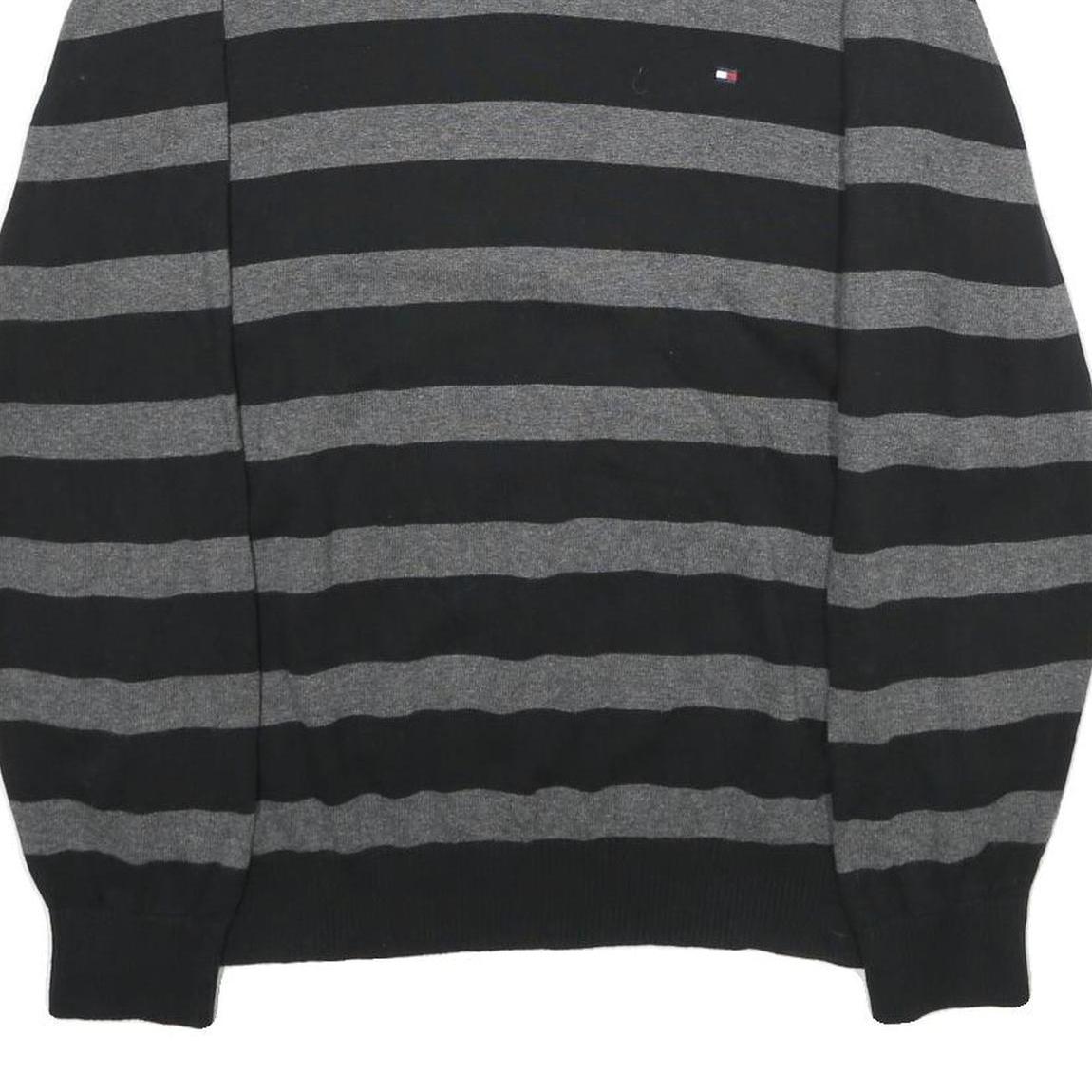 TOMMY HILFIGER Mens Black & Grey Patterned Cotton Jumper V-Neck Basic Knit L