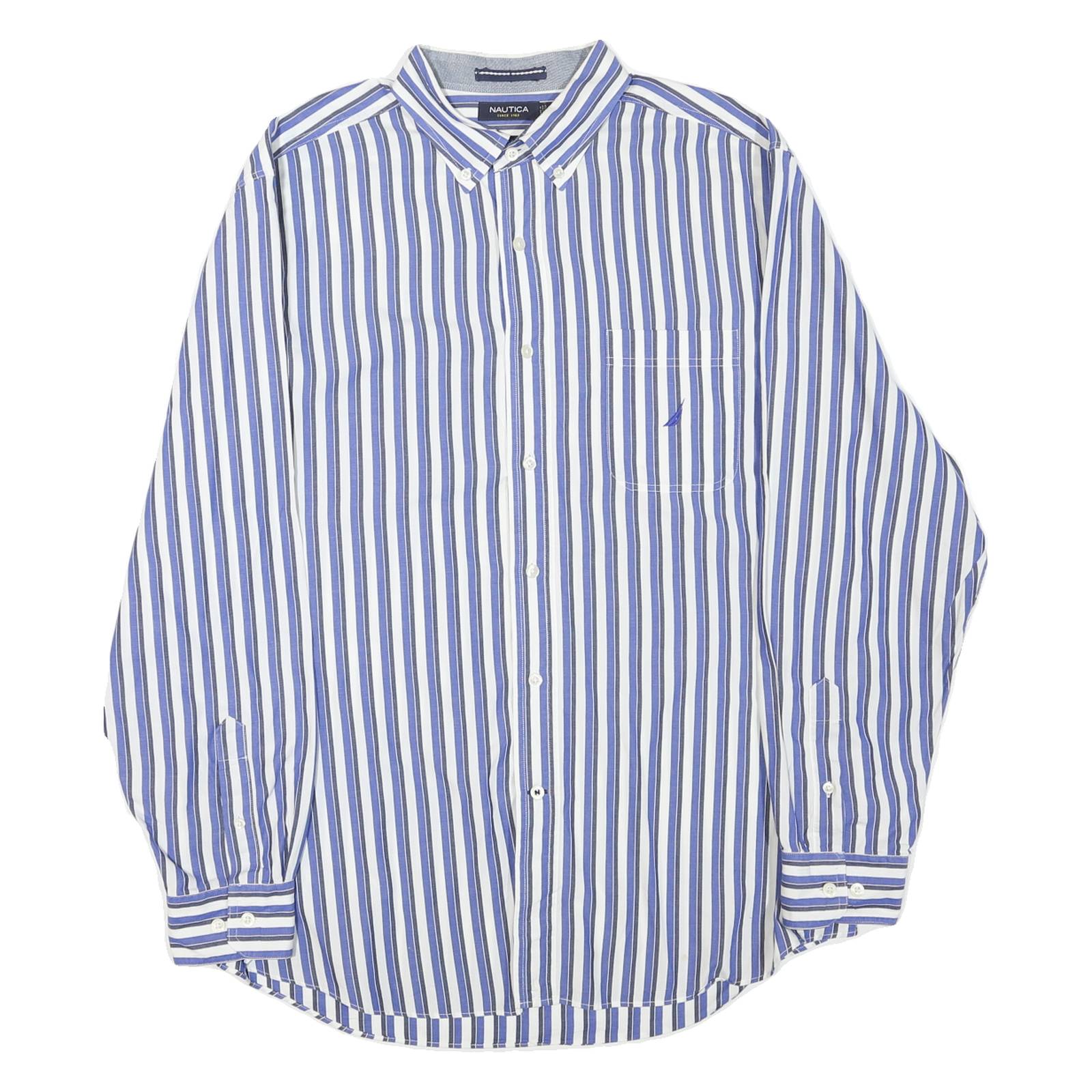 NAUTICA Mens Blue & White Striped Shirt L Classic Cotton Blend Long Sleeve