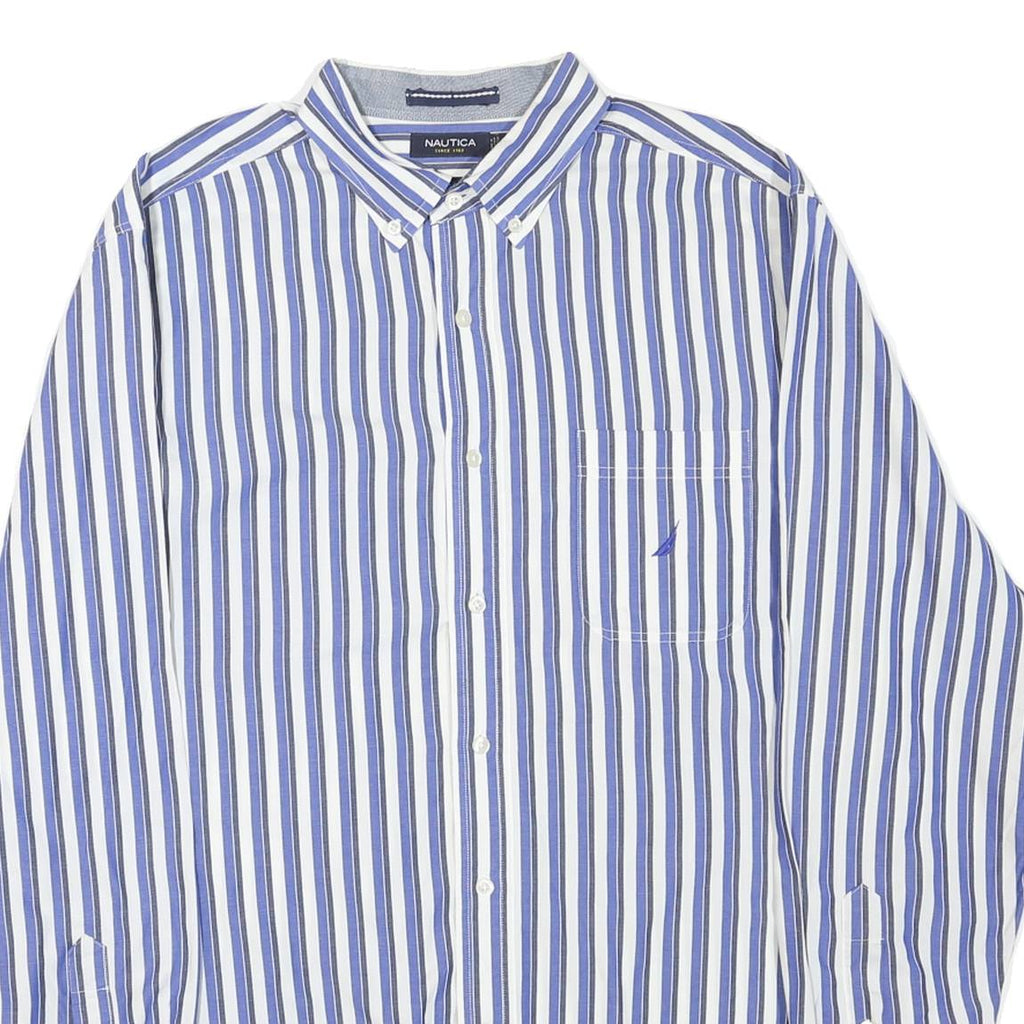 NAUTICA Mens Blue & White Striped Shirt L Classic Cotton Blend Long Sleeve