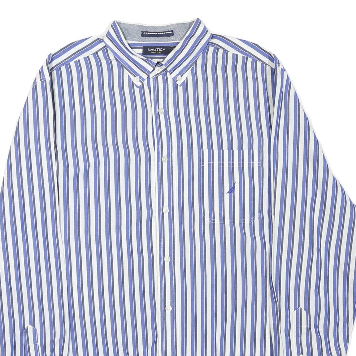 NAUTICA Mens Blue & White Striped Shirt L Classic Cotton Blend Long Sleeve