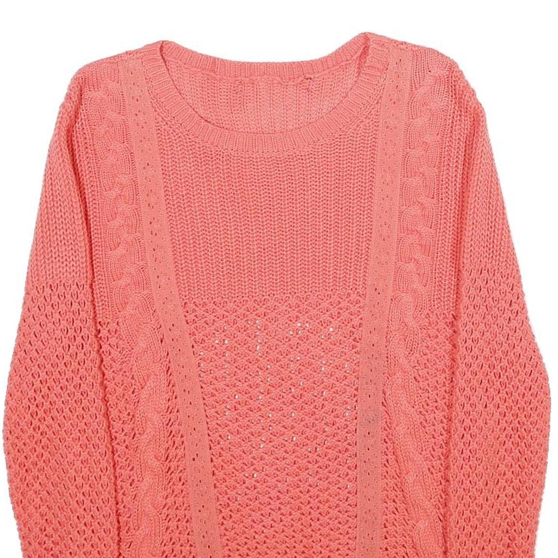 Womens Pink Patterned Jumper Crew Neck Chunky Knit S Lightweight