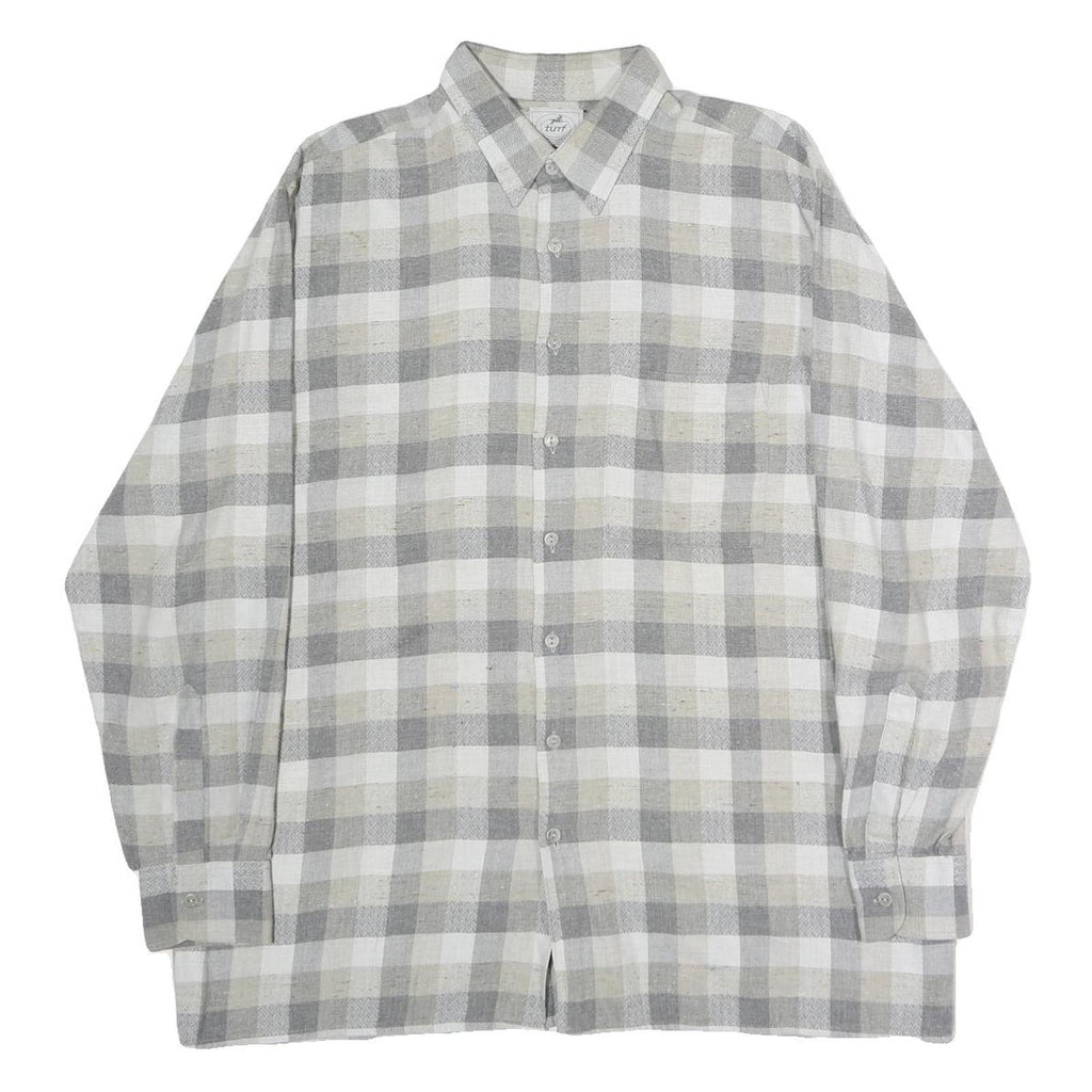 TURF Mens Grey & Cream Check Shirt L Cotton Blend Casual Long Sleeve Button Down