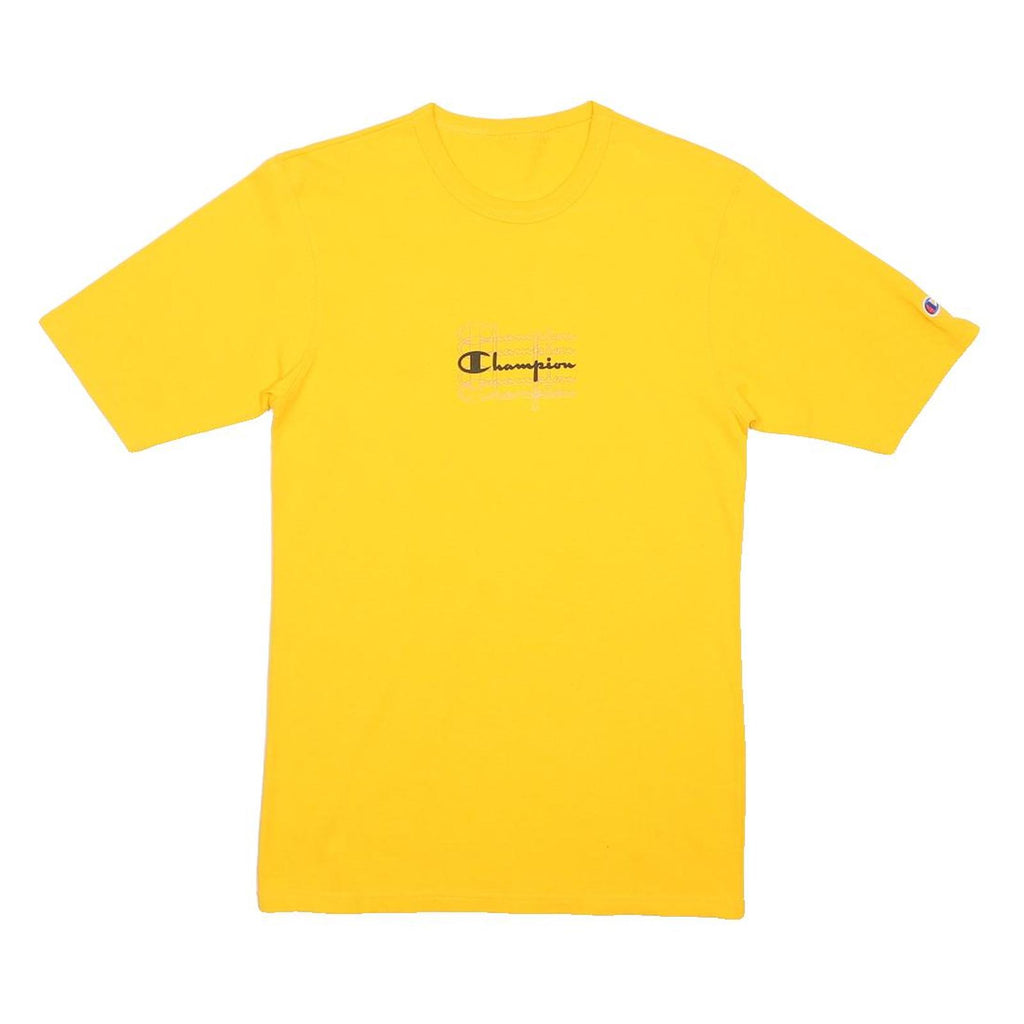 CHAMPION Mens Yellow Graphic T-Shirt S Short Sleeve Crew Neck Casual Cotton