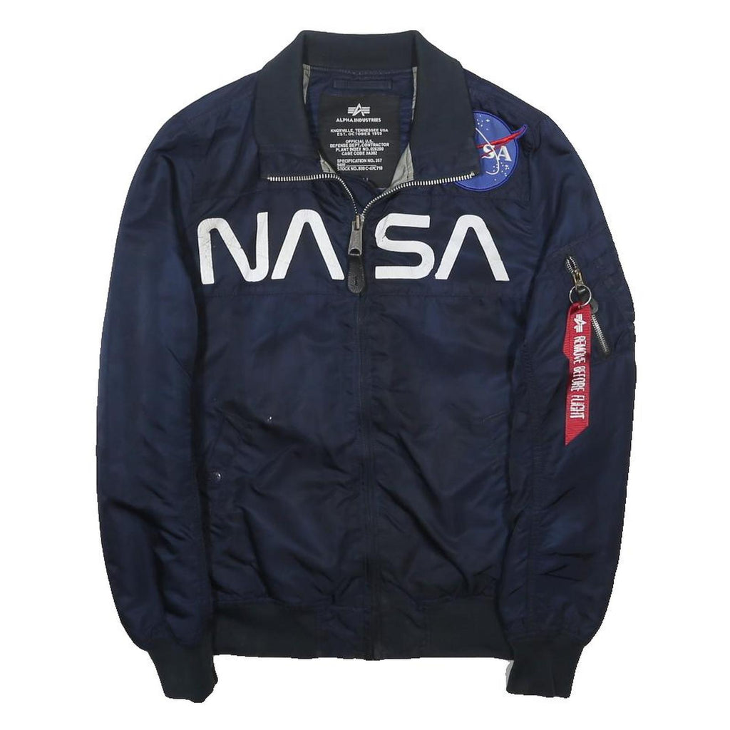 ALPHA INDUSTRIES Mens Navy Blue Nasa Flight Bomber Jacket S Nylon Patch Logo