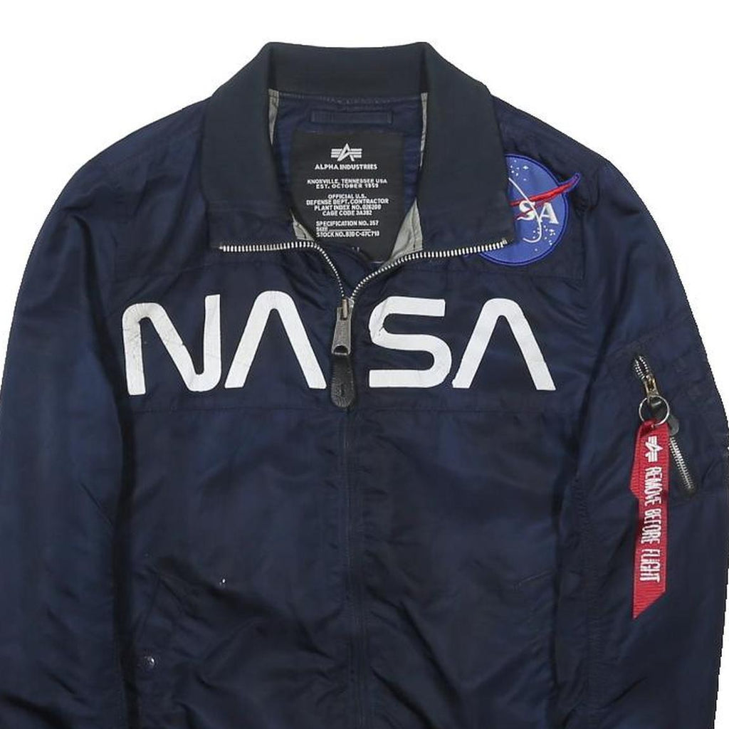 ALPHA INDUSTRIES Mens Navy Blue Nasa Flight Bomber Jacket S Nylon Patch Logo