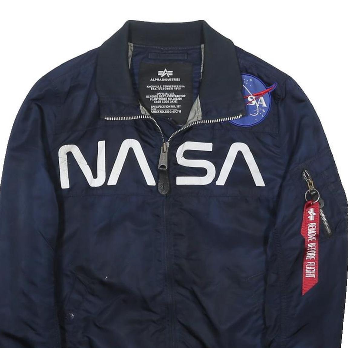 ALPHA INDUSTRIES Mens Navy Blue Nasa Flight Bomber Jacket S Nylon Patch Logo