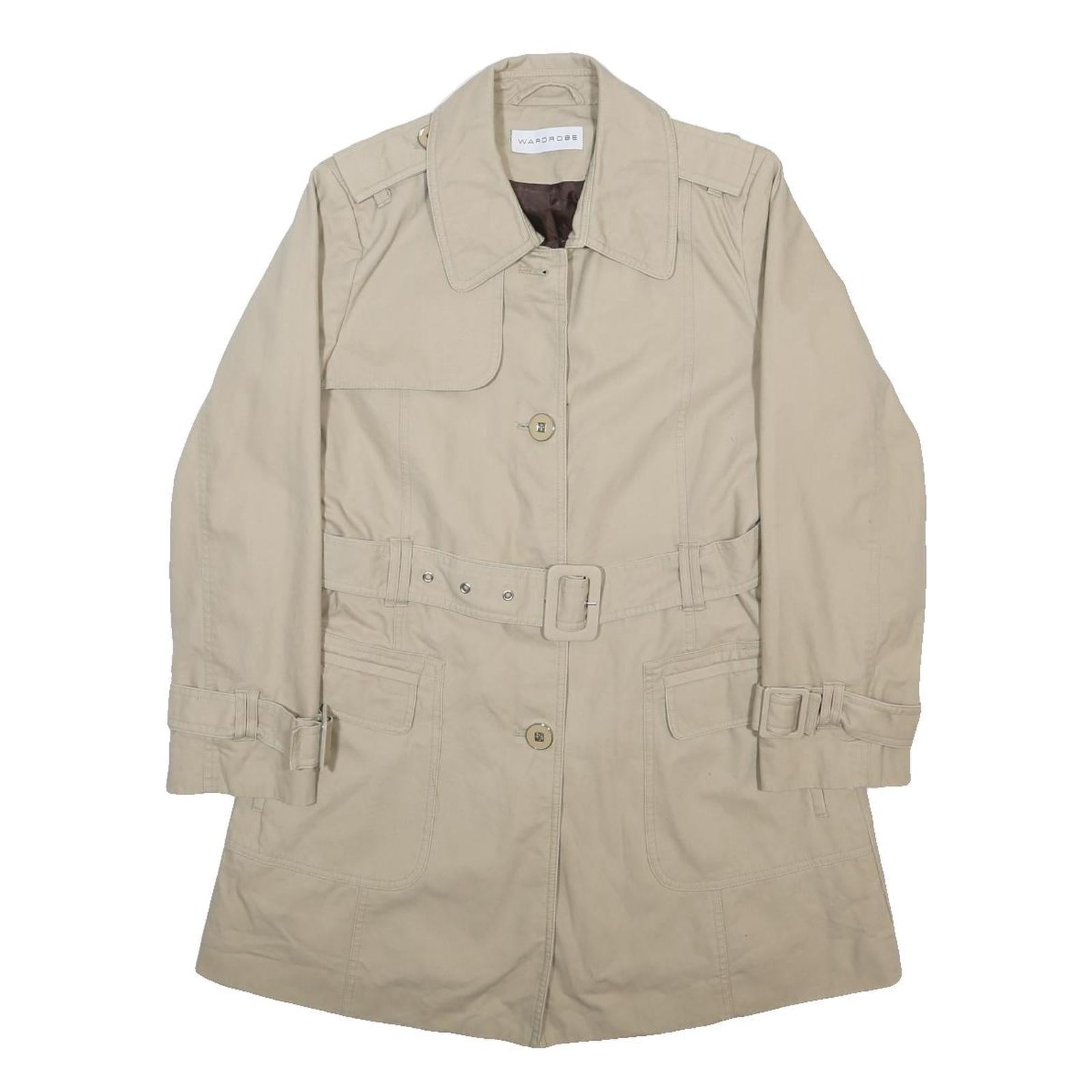 WARDROBE Womens Beige Cotton Button Jacket UK 14 Classic Belted Trench Style