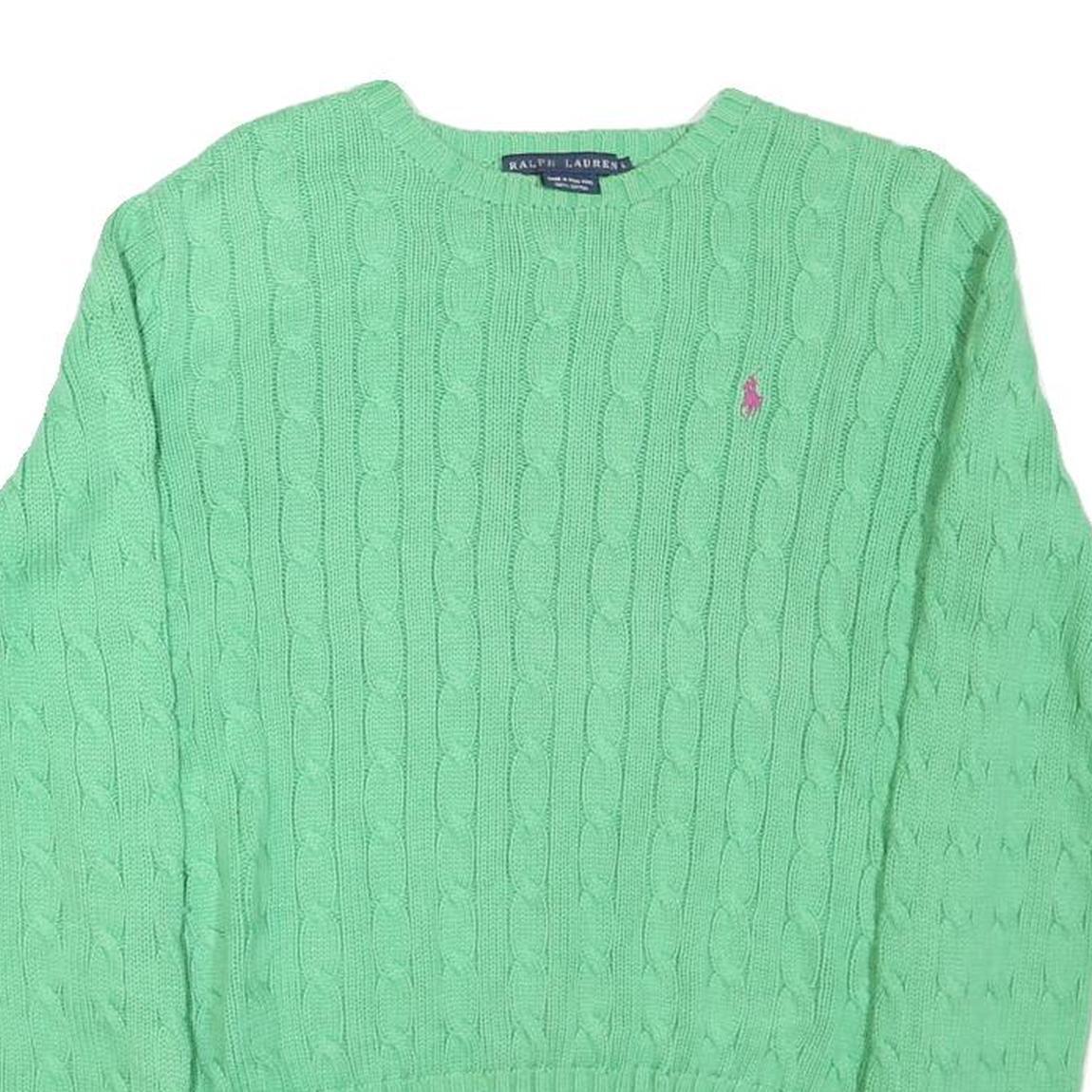 RALPH LAUREN Womens Green Cable Knit Crew Neck Jumper L Cotton Blend Classic